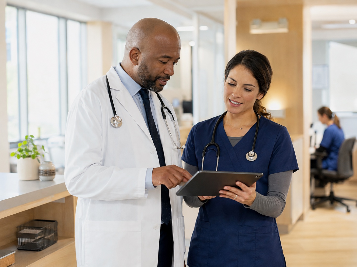 A physician and advanced practice clinician reviewing information together
