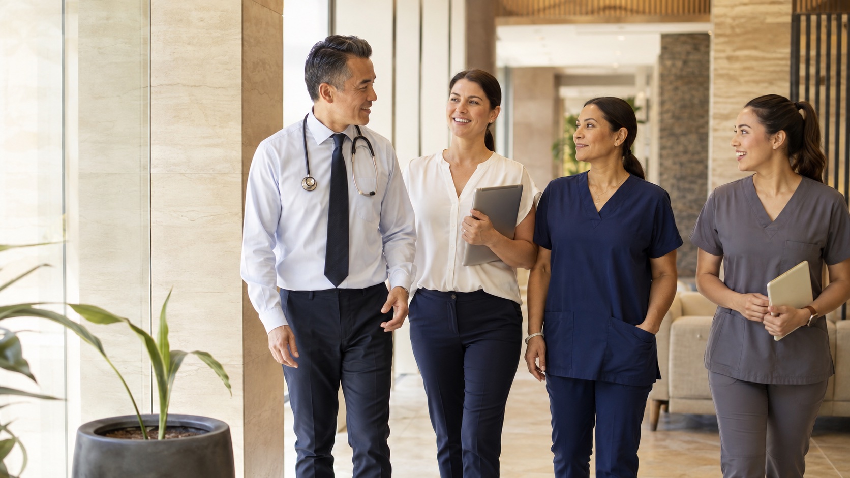 A diverse healthcare team walking together in a modern clinic